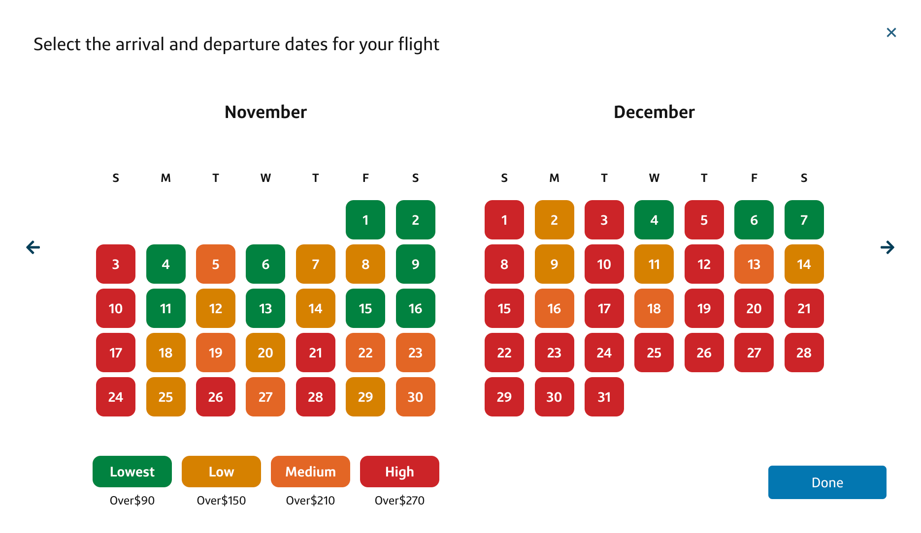 Capital One travel portal color-coded calendar